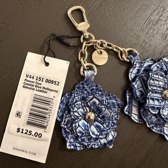 NWT $125 BRAHMIN FLOWER DUO COASTAL BLUE Leather Charm Key Fob - Picture 6 of 6